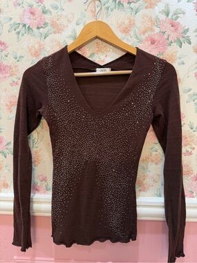 Cache Brown Crystal-Embellished V-Neck Long Sleeve Top